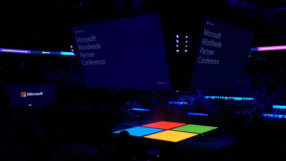 Dark Microsoft conference room with floor lighting