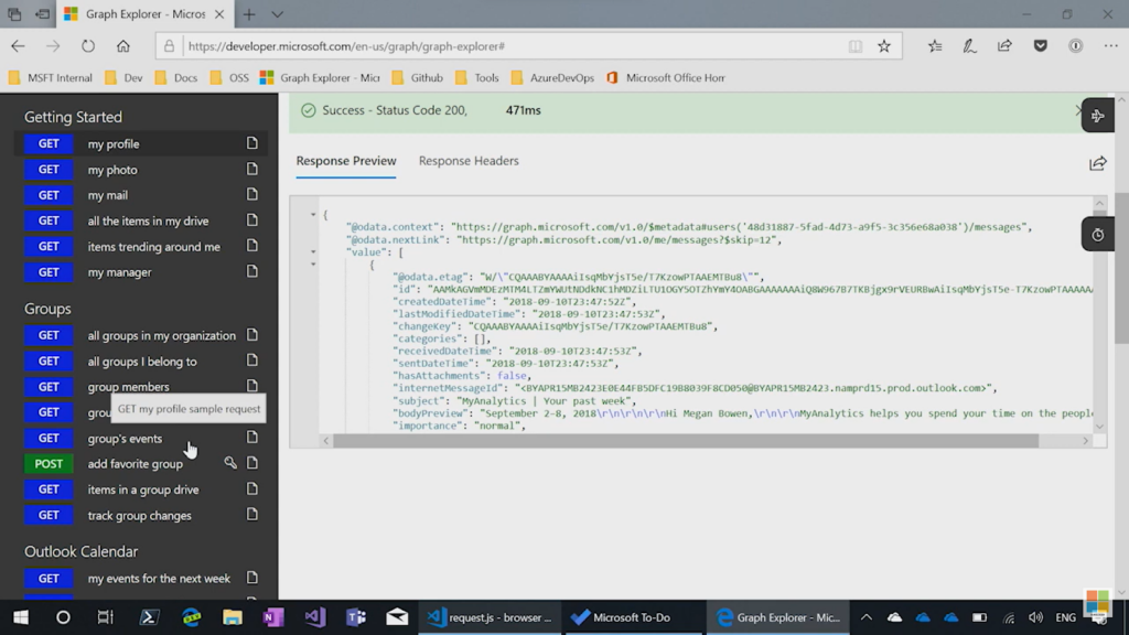 getting started - coding in microsoft graph api explorer