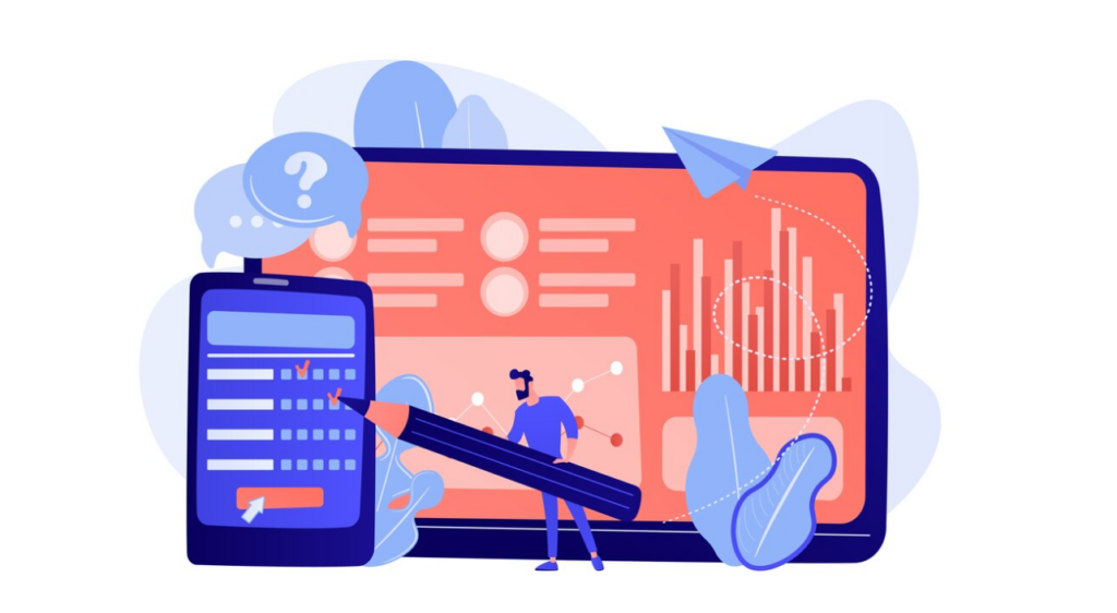 a character with a pencil making notes on a tablet, a big screen with statistics and graphs behind